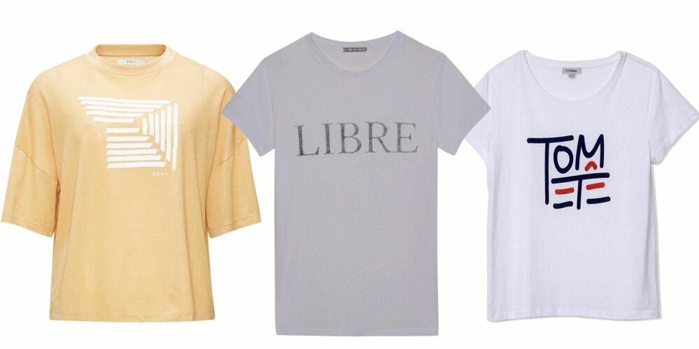 FINE TRYKK: Gul t-skjorte fra ADPT, kr 249, grå fra Dagmar, kr 595 og fra Totême, kr 700. FINE TRYKK: Gul t-skjorte fra ADPT, kr 249, grå fra Dagmar, kr 595 og fra Totême, kr 700.