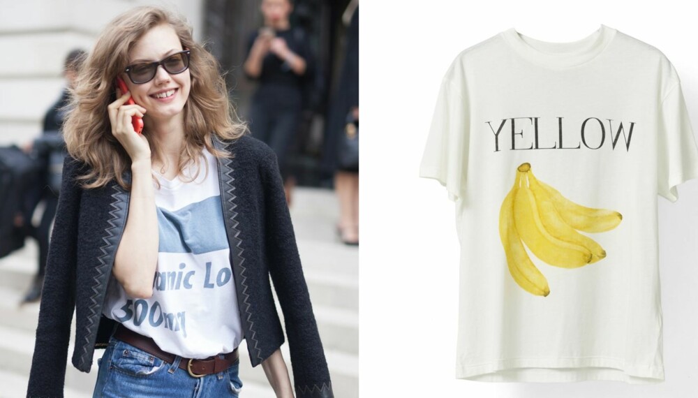 T-SKJORTER MED TRYKK: Røff opp jeansen og dressjakken med en t-skjorte med detlajer for et streetsmart uttrykk. T-skjorte med banantrykk fra Ganni, kr 499. T-SKJORTER MED TRYKK: Røff opp jeansen og dressjakken med en t-skjorte med detlajer for et streetsmart uttrykk. T-skjorte med banantrykk fra Ganni, kr 499.