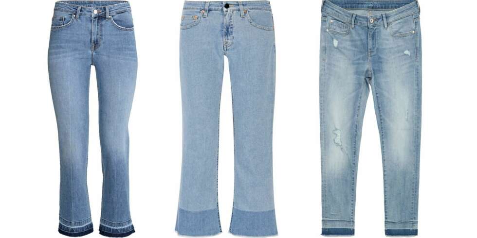 OPPKLIPTE JEANS: Kort modell (kr 299, H&M), vide nederst - til en latterlig dyr pris (cirka kr 3800, Victoria Beckham/Net-a-Porter.com) og en løs modell (kr 299, Zara). OPPKLIPTE JEANS: Kort modell (kr 299, H&M), vide nederst - til en latterlig dyr pris (cirka kr 3800, Victoria Beckham/Net-a-Porter.com) og en løs modell (kr 299, Zara).
