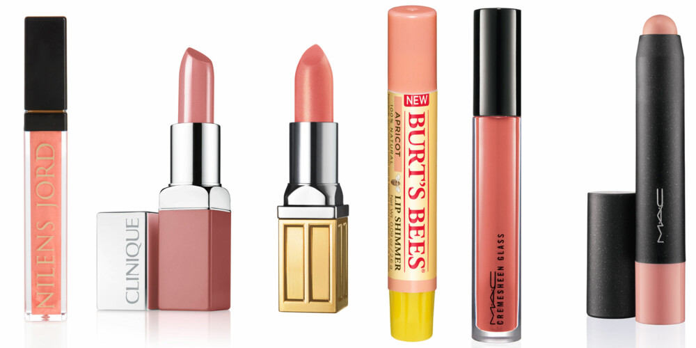 FERSKENLEPPER: Lipgloss i fargen Pearly Peach (kr 175, Nilens Jord), Pop Lip Colour and Primer i fargen Nude Pop (kr 210, Clinique), Beautiful Color Lipstick i fargen Sunburst (kr 260, Elizabeth Arden), Lip Shimmer i fargen Apricot (kr 119, Burt`s Bees) og Patentpolish Lip Pencil i fargen Revved Up (kr 180, MAC). FERSKENLEPPER: Lipgloss i fargen Pearly Peach (kr 175, Nilens Jord), Pop Lip Colour and Primer i fargen Nude Pop (kr 210, Clinique), Beautiful Color Lipstick i fargen Sunburst (kr 260, Elizabeth Arden), Lip Shimmer i fargen Apricot (kr 119, Burt`s Bees) og Patentpolish Lip Pencil i fargen Revved Up (kr 180, MAC).