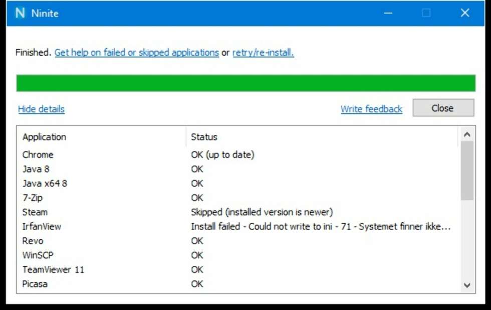 Når installasjonen er ferdig kan du bare lukke vinduet og du er ferdig. Eller du kan velge å åpne en hjelpeside om noen av programmene ikke ble installert, eller prøve å installere de på nytt. Når installasjonen er ferdig kan du bare lukke vinduet og du er ferdig. Eller du kan velge å åpne en hjelpeside om noen av programmene ikke ble installert, eller prøve å installere de på nytt.
