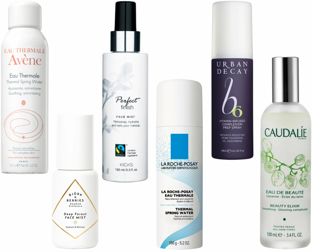 ANSIKTSSPRAY (f.v.): Avène Thermal Spring Water 150 ml, kr 115. Björk & Berries Deep Forest Face Mist/Kicks.no, kr 220. Kicks Perfect Finish Face Mist, kr 99. La Roche Posay Kildevannspray 150 ml, kr 119. Urban Decay B6 Vitamin-Infused Complexion Prep Spray, kr 295. Caudalíe Beauty Elixir Eau de Beaute 100 ml/Floraskin.no, kr 350. ANSIKTSSPRAY (f.v.): Avène Thermal Spring Water 150 ml, kr 115. Björk & Berries Deep Forest Face Mist/Kicks.no, kr 220. Kicks Perfect Finish Face Mist, kr 99. La Roche Posay Kildevannspray 150 ml, kr 119. Urban Decay B6 Vitamin-Infused Complexion Prep Spray, kr 295. Caudalíe Beauty Elixir Eau de Beaute 100 ml/Floraskin.no, kr 350.