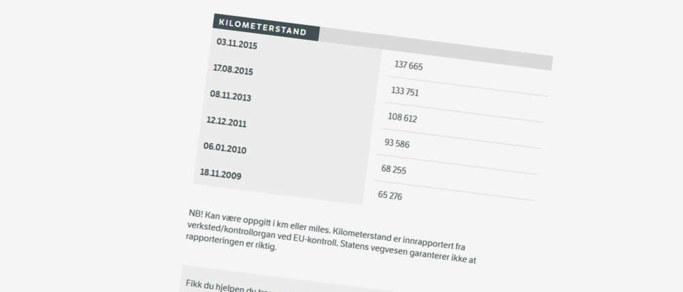 SJEKKE KILOMETERSTAND: På vegvesen.no kan du hente ut kilometerstanden slik den var ved tidligere EU-kontroller. SJEKKE KILOMETERSTAND: På vegvesen.no kan du hente ut kilometerstanden slik den var ved tidligere EU-kontroller.