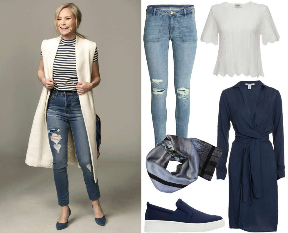 VÅRLIG ANTREKK (f.v.): Tone er kledd i: Lang vest fra By Malene Birger, kr 4000.
Stripete topp fra Just Female, kr 500. Jeans fra Vila, kr 500.Pumps fra Ganni, kr 1600. Skjerf fra Gina Tricot, kr 60. Til høyre: Jeans fra H&M, kr 399. Topp fra Frame Denim, kr 3660. Silkeskjerf fra Holzweiler, kr 1300. Jakke fra Nelly.com, kr 379. VÅRLIG ANTREKK (f.v.): Tone er kledd i: Lang vest fra By Malene Birger, kr 4000.
Stripete topp fra Just Female, kr 500. Jeans fra Vila, kr 500.Pumps fra Ganni, kr 1600. Skjerf fra Gina Tricot, kr 60. Til høyre: Jeans fra H&M, kr 399. Topp fra Frame Denim, kr 3660. Silkeskjerf fra Holzweiler, kr 1300. Jakke fra Nelly.com, kr 379.