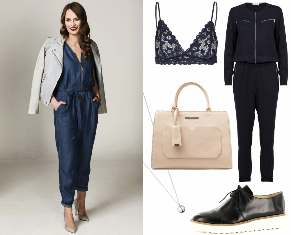 NY I JUMPSUIT: Inger Helene er kledd i: Jumpsuit fra Ellos, kr 500. Armbånd fra Dyrberg/Kern, kr 700 per stk. Sko fra Helene Westbye, kr 1500. Til høyre: Trekant-bh fra Samsøe & Samsøe, kr 349. Jumpsuit fra Custommade, kr 2599. Veske fra Mango, kr 400. Sølvsmykke fra Dyrberg/Kern, kr 579. Sko fra Sapatos, kr 1495. NY I JUMPSUIT: Inger Helene er kledd i: Jumpsuit fra Ellos, kr 500. Armbånd fra Dyrberg/Kern, kr 700 per stk. Sko fra Helene Westbye, kr 1500. Til høyre: Trekant-bh fra Samsøe & Samsøe, kr 349. Jumpsuit fra Custommade, kr 2599. Veske fra Mango, kr 400. Sølvsmykke fra Dyrberg/Kern, kr 579. Sko fra Sapatos, kr 1495.