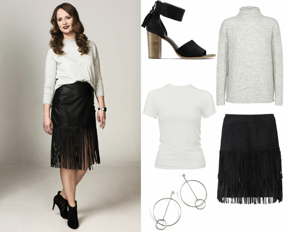 CLASSY OG CHIC: Inger Helene er kledd i Genser fra Just Female, kr 400. Skjørt fra Gina Tricot, kr 400. Sko fra Zara, kr 550. Klokke fra Komono, kr 1000. Antrekk til høyre: Hæler fra Eurosko, kr 999. Strikk fra Custommade, kr 1799. T-skjorte fra Tom Wood, kr 699. Skinnskjørt med frynser fra Style Butler, kr 2599. Øredobber fra Bik Bok, kr 99. CLASSY OG CHIC: Inger Helene er kledd i Genser fra Just Female, kr 400. Skjørt fra Gina Tricot, kr 400. Sko fra Zara, kr 550. Klokke fra Komono, kr 1000. Antrekk til høyre: Hæler fra Eurosko, kr 999. Strikk fra Custommade, kr 1799. T-skjorte fra Tom Wood, kr 699. Skinnskjørt med frynser fra Style Butler, kr 2599. Øredobber fra Bik Bok, kr 99.