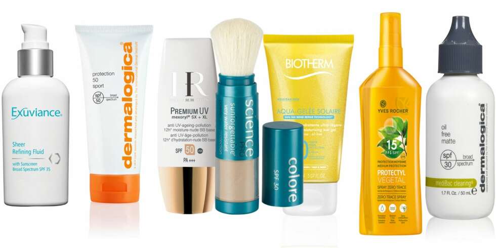 SOLKREM FOR FET HUD: Sheer Refining Fluid SPF 35 fra Exuviance, kr 399, Protection 50 Sport SPF 50 fra Dermalogica, kr 395, Premium UV SPF 50 Nude BB Base fra Helena Rubinstein, kr 490, Sunforgettable Very Water Resistance Powder Sun Protection fra
Colorescience, kr 495, Aqua Gel SPF 30 fra Biotherm, kr 225, Protectyl Végétal Spray SPF15 fra Yves Rocher, kr 129 og Medibac Oil Free Matte SPF 30 fra Dermalogica, kr 725. SOLKREM FOR FET HUD: Sheer Refining Fluid SPF 35 fra Exuviance, kr 399, Protection 50 Sport SPF 50 fra Dermalogica, kr 395, Premium UV SPF 50 Nude BB Base fra Helena Rubinstein, kr 490, Sunforgettable Very Water Resistance Powder Sun Protection fra
Colorescience, kr 495, Aqua Gel SPF 30 fra Biotherm, kr 225, Protectyl Végétal Spray SPF15 fra Yves Rocher, kr 129 og Medibac Oil Free Matte SPF 30 fra Dermalogica, kr 725.