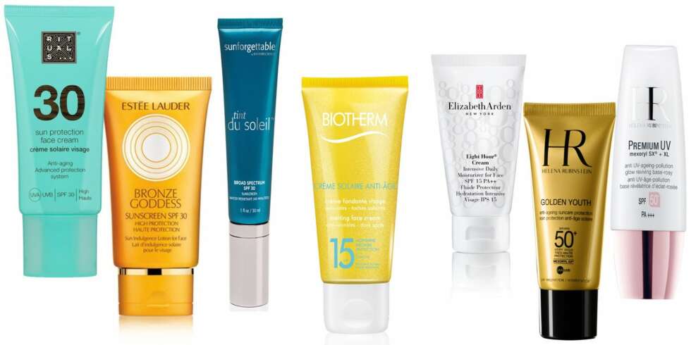 SOLKREM FOR TØRR HUD: Sun Protection Face Cream SPF 30 fra Rituals, kr 165, Bronze Goddess Lotion Face SPF 30 fra Estée Lauder, kr 265, Tint de Soleil SPF 30 fra Colorescience, kr 575, Creme Solaire Anti-age SPF 15 fra Biotherm, kr 225, Eight Hour Intensive Moisturizer Face SPF 15 fra Elizabeth Arden, kr 340, Golden Youth SPF 50 fra Helena Rubinstein, kr 405 og Premium UV Rosy Glow SPF 50+ fra Helena Rubinstein, kr 490.
SOLKREM FOR TØRR HUD: Sun Protection Face Cream SPF 30 fra Rituals, kr 165, Bronze Goddess Lotion Face SPF 30 fra Estée Lauder, kr 265, Tint de Soleil SPF 30 fra Colorescience, kr 575, Creme Solaire Anti-age SPF 15 fra Biotherm, kr 225, Eight Hour Intensive Moisturizer Face SPF 15 fra Elizabeth Arden, kr 340, Golden Youth SPF 50 fra Helena Rubinstein, kr 405 og Premium UV Rosy Glow SPF 50+ fra Helena Rubinstein, kr 490.