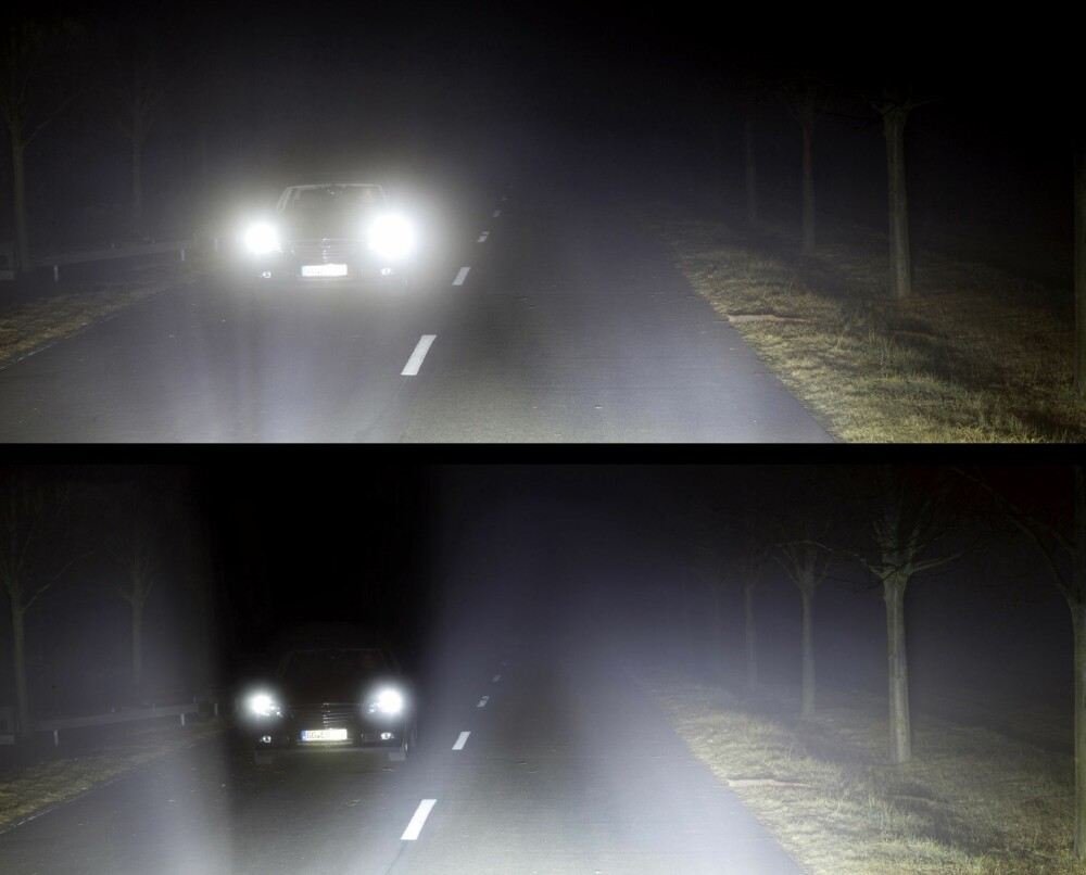 MØRKT FELT: Det nederste bildet viser hvordan LEDmatrixlysene lager et mørkt
felt rundt den møtende bilen.
Det øverste bildet viser
hvordan den møtende sjåføren
ville ha blitt blendet av vanlige
xenonfjernlys. MØRKT FELT: Det nederste bildet viser hvordan LEDmatrixlysene lager et mørkt
felt rundt den møtende bilen.
Det øverste bildet viser
hvordan den møtende sjåføren
ville ha blitt blendet av vanlige
xenonfjernlys.