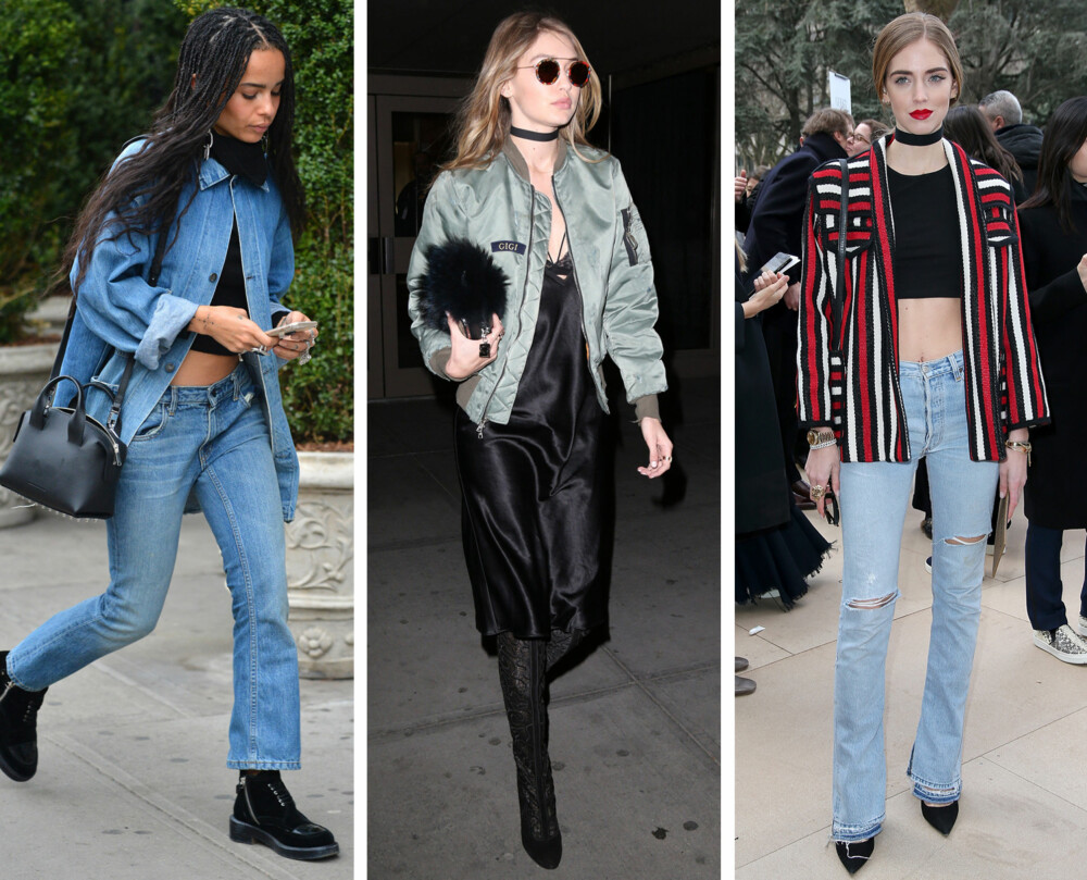 90-TALLS TRENDER: Både artist Zoe Kravitz, modell Gigi Hadid og moteblogger Chiara Ferragni har lagt sin elsk på 90-talls trendene denim, crop top, choker og bomberjakken. 90-TALLS TRENDER: Både artist Zoe Kravitz, modell Gigi Hadid og moteblogger Chiara Ferragni har lagt sin elsk på 90-talls trendene denim, crop top, choker og bomberjakken.