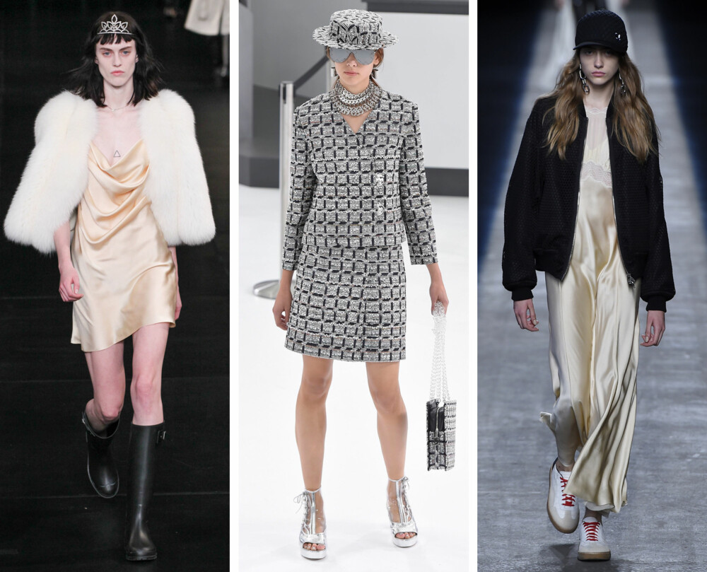 TRENDENE PÅ CATWALKEN (f.v): Silkekjole hos Saint Laurent, choker hos Chanel og cap, bomberjakke og silkekjole hos Alexander Wang. TRENDENE PÅ CATWALKEN (f.v): Silkekjole hos Saint Laurent, choker hos Chanel og cap, bomberjakke og silkekjole hos Alexander Wang.