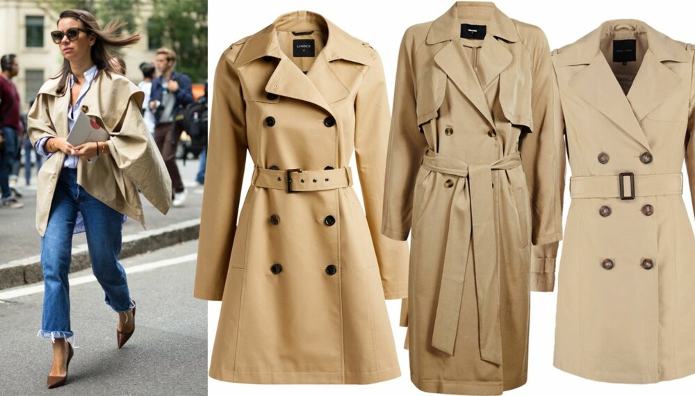 KLASSISK TRENCHCOAT: Fra venstre kr 799, fra Lindex, kr 999 fra Bik Bok og kr 399 fra Vila. KLASSISK TRENCHCOAT: Fra venstre kr 799, fra Lindex, kr 999 fra Bik Bok og kr 399 fra Vila.