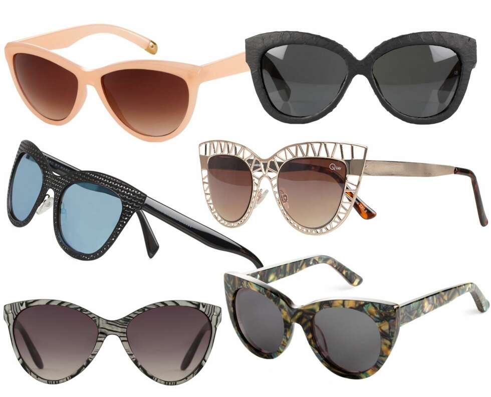CAT EYE: Øverst fra venstre: H&M, kr 69,50. Linda Farrow, kr 4829. Marc by Marc Jacobs, kr 1995. Quay Australia, kr 449. Aldo, kr 99. H&M, kr 199. CAT EYE: Øverst fra venstre: H&M, kr 69,50. Linda Farrow, kr 4829. Marc by Marc Jacobs, kr 1995. Quay Australia, kr 449. Aldo, kr 99. H&M, kr 199.