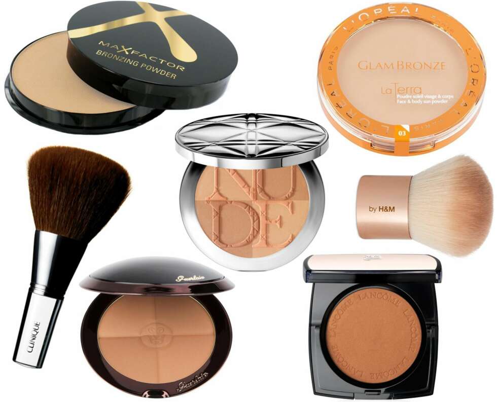 SOLPUDDER OG KOSTER (f.v.): Max Factor Bronzing Powder Golden, kr 115. L'Oréal Paris Glam Bronze La Terra, kr 199. Clinique Bronzer Blender Brush, kr 280. Dior Diorskin Nude Tan Light Healthy Glow Powder, kr 490. H&M kabukibørste mini, kr 39,50. Guerlain Terracotta 4 Seasons 04 Blondes, kr 599. Lancôme Belle de Teint, kr 405. SOLPUDDER OG KOSTER (f.v.): Max Factor Bronzing Powder Golden, kr 115. L'Oréal Paris Glam Bronze La Terra, kr 199. Clinique Bronzer Blender Brush, kr 280. Dior Diorskin Nude Tan Light Healthy Glow Powder, kr 490. H&M kabukibørste mini, kr 39,50. Guerlain Terracotta 4 Seasons 04 Blondes, kr 599. Lancôme Belle de Teint, kr 405.