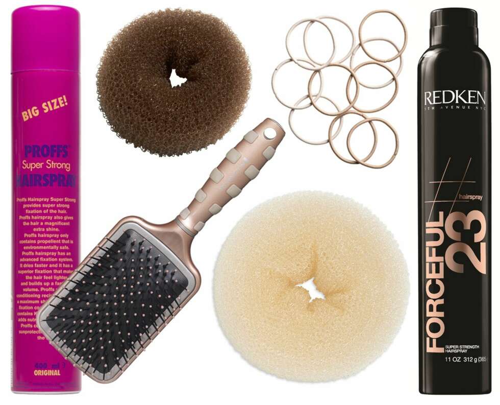 FORSLAG TIL PRODUKTER (f.v.): Proffs Super Strong Hairspray, kr 45. H&M Hair Donut small, kr 29,50. H&M 10-pack hårstrikker, kr 19,50. Redken Forceful 23 Super Strength Finishing Spray, kr 299. Remington Børste B95P, kr 129. Kappahl Hårdonut, kr 39,50. FORSLAG TIL PRODUKTER (f.v.): Proffs Super Strong Hairspray, kr 45. H&M Hair Donut small, kr 29,50. H&M 10-pack hårstrikker, kr 19,50. Redken Forceful 23 Super Strength Finishing Spray, kr 299. Remington Børste B95P, kr 129. Kappahl Hårdonut, kr 39,50.