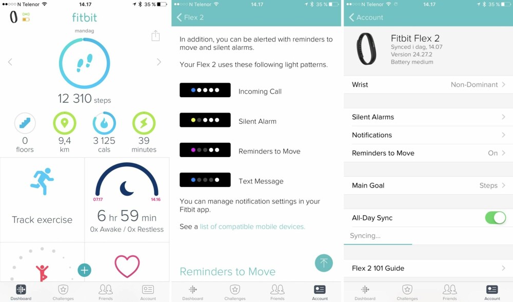 APP: Noen skjermbilder fra Fitbit-appen. På venstre side vises dashbordet, i midten en guide til lysdiodene på Flex 2 og til høyre ser du innstillingsmenyen til Flex 2. APP: Noen skjermbilder fra Fitbit-appen. På venstre side vises dashbordet, i midten en guide til lysdiodene på Flex 2 og til høyre ser du innstillingsmenyen til Flex 2.