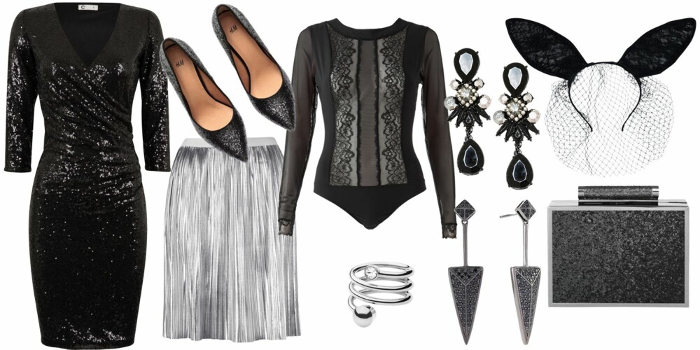 Kjole fra Cubus, kr 399, skjørt fra Gina Tricot, kr 399, body fra La Redoute, kr 499, pumps fra H&M, kr 399, ørepynt fra Glitter, kr 80, ørepynt i svart og sølv fra Sif Jakobs, kr 899, ring fra Dyrberg/Kern, kr 489, clutch fra Becksöndergaard, kr 399 og hårpynt fra Bik Bok, kr 99. Kjole fra Cubus, kr 399, skjørt fra Gina Tricot, kr 399, body fra La Redoute, kr 499, pumps fra H&M, kr 399, ørepynt fra Glitter, kr 80, ørepynt i svart og sølv fra Sif Jakobs, kr 899, ring fra Dyrberg/Kern, kr 489, clutch fra Becksöndergaard, kr 399 og hårpynt fra Bik Bok, kr 99.