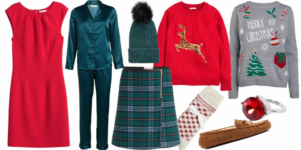 DU GRØNNE GLITRENDE TRE: Pyjamas fra Lindex, kr 299, kjole fra H&M, kr 299, ring fra Glitter, kr 70, sokker fra KappAhl, kr 99, rød genser fra H&M, kr 199, tøfler fra Eurosko, kr 499, genser fra KappAhl, kr 299, lue fra Pieces, kr 129 og skjørt fra Lindex, kr 399. DU GRØNNE GLITRENDE TRE: Pyjamas fra Lindex, kr 299, kjole fra H&M, kr 299, ring fra Glitter, kr 70, sokker fra KappAhl, kr 99, rød genser fra H&M, kr 199, tøfler fra Eurosko, kr 499, genser fra KappAhl, kr 299, lue fra Pieces, kr 129 og skjørt fra Lindex, kr 399.