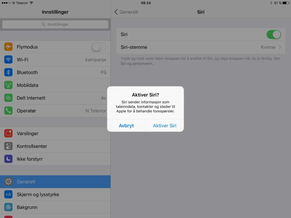 SLÅ PÅ SIRI: Du må aktivere Siri i menyen på iOS 9. SLÅ PÅ SIRI: Du må aktivere Siri i menyen på iOS 9.