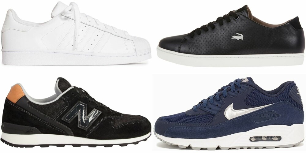 SENAKERS (øverst fra venstre): Adidas Originals, kr 899. Lacoste, kr 1299. New Balance, kr 1200. Nike, kr 1395. SENAKERS (øverst fra venstre): Adidas Originals, kr 899. Lacoste, kr 1299. New Balance, kr 1200. Nike, kr 1395.