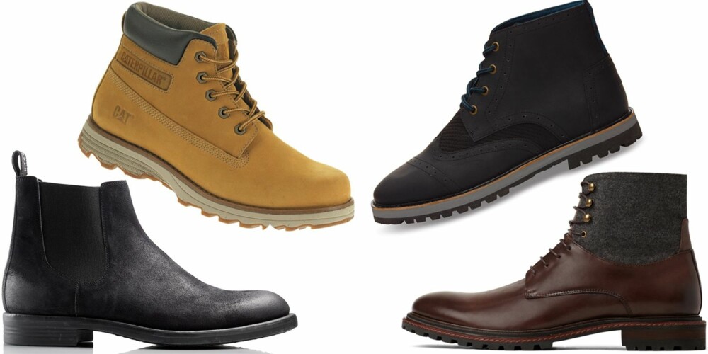 BOOTS FOR MENN (øverst fra venstre): Caterpillar, kr 1500. Toms, kr 1799. Stockholm Design Group, kr 1499. Aldo, kr 1599. BOOTS FOR MENN (øverst fra venstre): Caterpillar, kr 1500. Toms, kr 1799. Stockholm Design Group, kr 1499. Aldo, kr 1599.