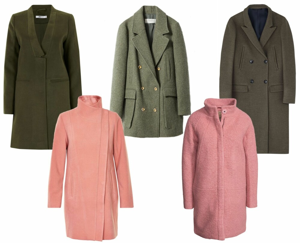 ROSA- OG GRØNNTONER (f.v.): Gina Tricot Carrie kåpe, kr 599. Zara ytterjakke i ull, kr 1159. Filippa K Florence coat, kr 4200. Soaked In Luxurt Venice Coat, kr 1099. Ichi Udia Jacket, kr 1399. ROSA- OG GRØNNTONER (f.v.): Gina Tricot Carrie kåpe, kr 599. Zara ytterjakke i ull, kr 1159. Filippa K Florence coat, kr 4200. Soaked In Luxurt Venice Coat, kr 1099. Ichi Udia Jacket, kr 1399.