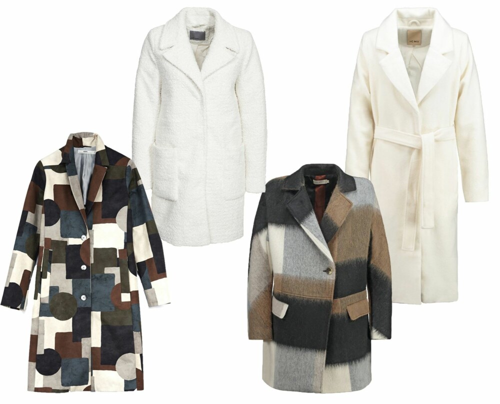 PATCHWORK OG HVITT (f.v.): Hope Rule Coat, kr 4560. Vero Moda Trudy Jacket, kr 599. Indi & Cold kåpe/Zalando, kr 2195. Ichi Kåpe Cloud Dancer, kr 1395. PATCHWORK OG HVITT (f.v.): Hope Rule Coat, kr 4560. Vero Moda Trudy Jacket, kr 599. Indi & Cold kåpe/Zalando, kr 2195. Ichi Kåpe Cloud Dancer, kr 1395.