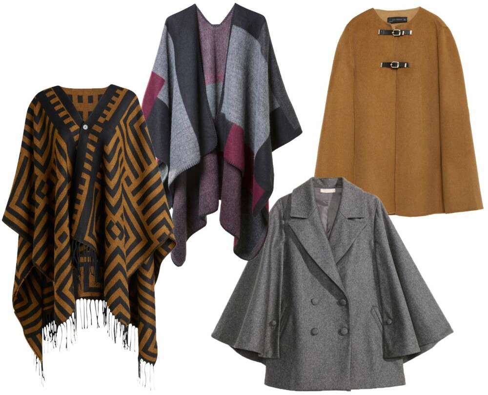 CAPE OG PONCHO (f.v.): Lindex, kr 399. Glitter cape, kr 299. H&M cape i ullblanding, kr 999. Zara håndlaget kappe, kr 1199. CAPE OG PONCHO (f.v.): Lindex, kr 399. Glitter cape, kr 299. H&M cape i ullblanding, kr 999. Zara håndlaget kappe, kr 1199.
