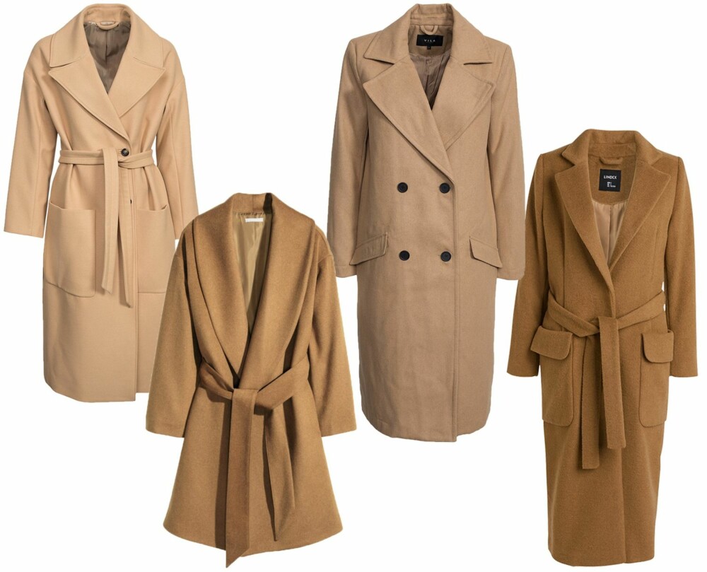 KAMELFARGET (f.v.): J Lindeberg Agnes Soft Melton, kr 3995. H&M kåpe i ullblanding, kr 799. Vila Vijackie Coat, kr 899. Lindex kåpe i myk ullblanding, kr 1499. KAMELFARGET (f.v.): J Lindeberg Agnes Soft Melton, kr 3995. H&M kåpe i ullblanding, kr 799. Vila Vijackie Coat, kr 899. Lindex kåpe i myk ullblanding, kr 1499.