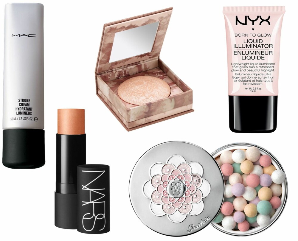 PRODUKTER TIL STROBING (f.v.): MAC Strobe Cream, kr 300. Urban Decay Naked Illuminated Shimmering Powder for Face and Body, kr 245. NYX Born to Glow Liquid Illuminator, kr 90. Nars Cosmetics The Multiple i fargen South Beach, 366 kr hos Hqhair.com. Guerlain Les Météorites, kr 479 hos Douglas.no. PRODUKTER TIL STROBING (f.v.): MAC Strobe Cream, kr 300. Urban Decay Naked Illuminated Shimmering Powder for Face and Body, kr 245. NYX Born to Glow Liquid Illuminator, kr 90. Nars Cosmetics The Multiple i fargen South Beach, 366 kr hos Hqhair.com. Guerlain Les Météorites, kr 479 hos Douglas.no.