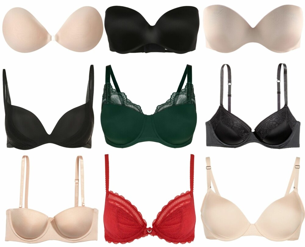 BH-ER (f.v.): Magic Bodyfashion Backless Beauty, kr 299. Maidenform Smooth Comfort Stroppeløs BH, kr 399. Chantelle Irresistible Strapless, kr 620. Triumph, Sculpting Sensation Push-up BH kr 449. Kappahl Xlnt T-shirt BH Full Cup, kr 299. H&M Push-up bh i micro og blonde, kr 149. H&M Balconette-bh i micro, kr 149. Chantelle C Chic Sexy Plunge, kr 659. Spanx, kr 649. BH-ER (f.v.): Magic Bodyfashion Backless Beauty, kr 299. Maidenform Smooth Comfort Stroppeløs BH, kr 399. Chantelle Irresistible Strapless, kr 620. Triumph, Sculpting Sensation Push-up BH kr 449. Kappahl Xlnt T-shirt BH Full Cup, kr 299. H&M Push-up bh i micro og blonde, kr 149. H&M Balconette-bh i micro, kr 149. Chantelle C Chic Sexy Plunge, kr 659. Spanx, kr 649.