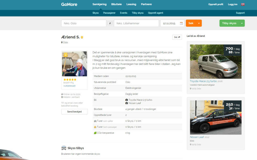 EGEN PROFIL: Slik ser Ærlends profil ut på GoMore. Hver bruker får en profil hvor leietakere kan komme med tilbakemeldinger EGEN PROFIL: Slik ser Ærlends profil ut på GoMore. Hver bruker får en profil hvor leietakere kan komme med tilbakemeldinger
