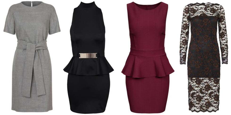 TIMEGLASSFIGUR (f.v.): Hugo Boss, kr 5299. NLY One Peplum Buckle Dress, kr 379. NLY One Cross Back Peplum Dress, kr 379. Ganni Broad St. Lace Dress, kr 1449. TIMEGLASSFIGUR (f.v.): Hugo Boss, kr 5299. NLY One Peplum Buckle Dress, kr 379. NLY One Cross Back Peplum Dress, kr 379. Ganni Broad St. Lace Dress, kr 1449.