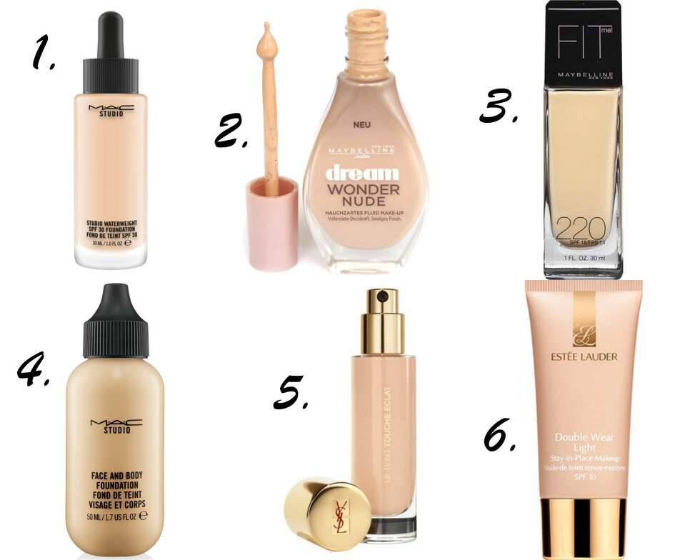 TOPP OM VINTEREN: 1. Studio Waterweight Foundation fra MAC, kr 280, 2. Dream Wonder Nude Foundation fra Maybelline, kr 159, 3. Fit Me Foundation fra Maybelline, kr 159, 4. Studio Face and Body Foundation fra MAC, kr 245, 5. Le Teint Touche Eclat fra YSL, kr 425, 6. Double Wear Light Stay-in-Place Makeup fra Estée Lauder, kr 395. TOPP OM VINTEREN: 1. Studio Waterweight Foundation fra MAC, kr 280, 2. Dream Wonder Nude Foundation fra Maybelline, kr 159, 3. Fit Me Foundation fra Maybelline, kr 159, 4. Studio Face and Body Foundation fra MAC, kr 245, 5. Le Teint Touche Eclat fra YSL, kr 425, 6. Double Wear Light Stay-in-Place Makeup fra Estée Lauder, kr 395.