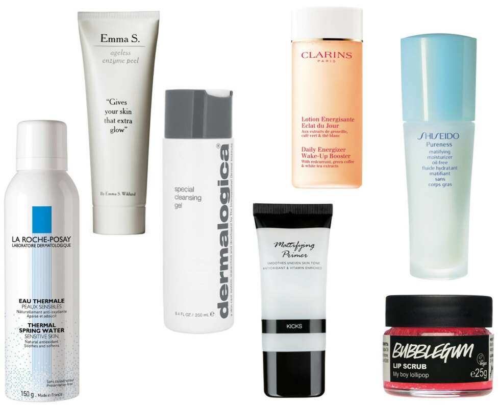 FORSLAG TIL PRODUKTER TIL HUD (f.v.): La Roche-Posay Thermal Water, kr 104. Emma S Ageless Enzyme Peel Mask, kr 269. Dermalogica special cleansing gel (50ml), kr 375. Clarins Daily Energizer Wake-Up Booster, kr 170. Shiseido Pureness Matifying Moisturizer Oil Free, kr 345. Lush Bubblegum leppeskrubb, kr 111. FORSLAG TIL PRODUKTER TIL HUD (f.v.): La Roche-Posay Thermal Water, kr 104. Emma S Ageless Enzyme Peel Mask, kr 269. Dermalogica special cleansing gel (50ml), kr 375. Clarins Daily Energizer Wake-Up Booster, kr 170. Shiseido Pureness Matifying Moisturizer Oil Free, kr 345. Lush Bubblegum leppeskrubb, kr 111.