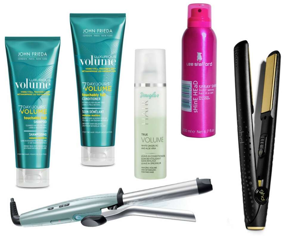 FORSLAG TIL HÅRPRODUKTER (f.v.): John Frieda Luxurious Volume 7 Day Volume Conditioner, kr 129. John Frieda Luxurious Volume 7 Day Volume Shampoo, kr 129. Douglas Hair True Volume Spray hårkur for tynt hår, kr 99. Lee Stafford Shine Head Spray, kr 99. GHD Gold V Styler, kr 1749. Remington CI8725 PROtect krølltang, kr 699. FORSLAG TIL HÅRPRODUKTER (f.v.): John Frieda Luxurious Volume 7 Day Volume Conditioner, kr 129. John Frieda Luxurious Volume 7 Day Volume Shampoo, kr 129. Douglas Hair True Volume Spray hårkur for tynt hår, kr 99. Lee Stafford Shine Head Spray, kr 99. GHD Gold V Styler, kr 1749. Remington CI8725 PROtect krølltang, kr 699.