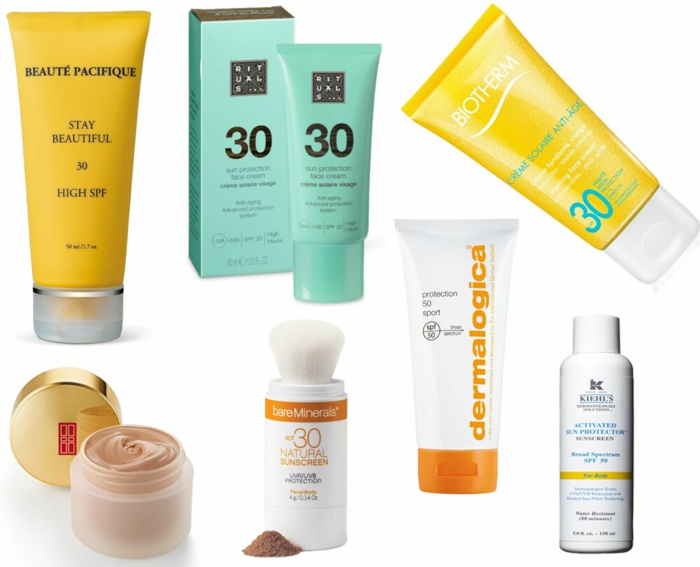 SOLKREMER TIL ANSIKT MED BÅDE UVB- OG UVA-BESKYTTELSE (f.v.): Beauté Pacifique Stay Beautiful SPF 30, kr 369. Rituals 30 Sun Protection Face Cream, kr 165. Biotherm Creme Solaire Anti-age SPF 30, kr 225. Elizabeth Arden Ceramide Lift and Firm Makeup SPF 15, kr 440.bareMinerals Sunscreen SPF 30, kr 519. Dermalogica protection 50 sport SPF 50, kr 395. Kiehl's Activated Sun Protector Face SPF 50, kr 235. SOLKREMER TIL ANSIKT MED BÅDE UVB- OG UVA-BESKYTTELSE (f.v.): Beauté Pacifique Stay Beautiful SPF 30, kr 369. Rituals 30 Sun Protection Face Cream, kr 165. Biotherm Creme Solaire Anti-age SPF 30, kr 225. Elizabeth Arden Ceramide Lift and Firm Makeup SPF 15, kr 440.bareMinerals Sunscreen SPF 30, kr 519. Dermalogica protection 50 sport SPF 50, kr 395. Kiehl's Activated Sun Protector Face SPF 50, kr 235.
