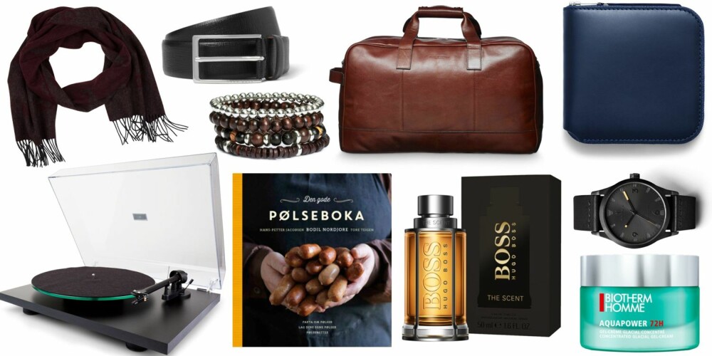 JULEGAVETIPS TIL KJÆRESTEN (f.v.): Moods of Norway Wool Tractor Scarf Cox, kr 400. Hugo Boss 3cm Black Textured-Leather Belt/Mrporter.com, kr 1341. Tiger of Sweden Maisina Weekend Bag, kr 3999. Acne Studios Csarite Navy lommebok, kr 2595. Argon TT-2 platespiller/ Hifiklubben, kr 2398. Den gode pølseboka: Fakta om pølser, lag dine egne pølser, og pølseretter, kr 499. Hugo Boss The Scent EdT 50 ml, kr 615. Triwa Sort of Black, kr 1995. Biotherm Homme Aquapower 72h, kr 399. JULEGAVETIPS TIL KJÆRESTEN (f.v.): Moods of Norway Wool Tractor Scarf Cox, kr 400. Hugo Boss 3cm Black Textured-Leather Belt/Mrporter.com, kr 1341. Tiger of Sweden Maisina Weekend Bag, kr 3999. Acne Studios Csarite Navy lommebok, kr 2595. Argon TT-2 platespiller/ Hifiklubben, kr 2398. Den gode pølseboka: Fakta om pølser, lag dine egne pølser, og pølseretter, kr 499. Hugo Boss The Scent EdT 50 ml, kr 615. Triwa Sort of Black, kr 1995. Biotherm Homme Aquapower 72h, kr 399.