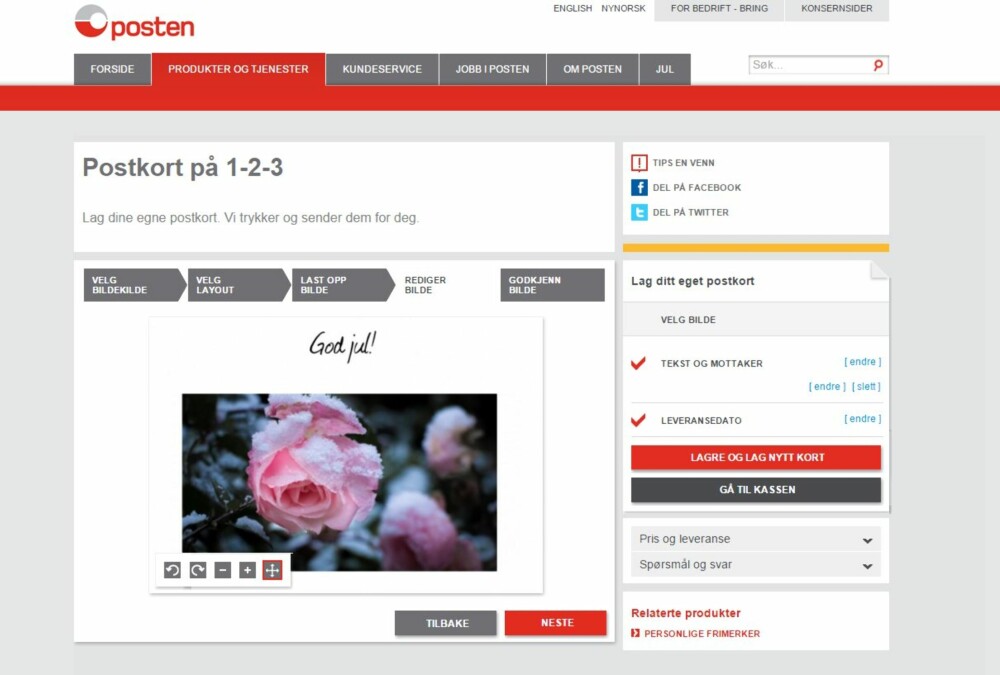 POSTKORT PÅ 1-2-3: Hos Posten kan du faktisk sende julekort med egne bilder og egne tekster på en svært effektiv måte. Du trenger ikke å bestille postkort og du trenger ikke å frankere konvolutter - og du kan velge hvilken dag du vil at julekortene dine skal komme frem. POSTKORT PÅ 1-2-3: Hos Posten kan du faktisk sende julekort med egne bilder og egne tekster på en svært effektiv måte. Du trenger ikke å bestille postkort og du trenger ikke å frankere konvolutter - og du kan velge hvilken dag du vil at julekortene dine skal komme frem.