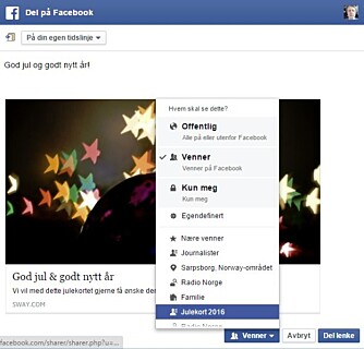 JULEKORT PÅ FACBOOK: Lag deg en "julekortliste" på Facebook. Da sikrer du deg at bare de du ønsker skal se kortet faktisk ser det. JULEKORT PÅ FACBOOK: Lag deg en "julekortliste" på Facebook. Da sikrer du deg at bare de du ønsker skal se kortet faktisk ser det.