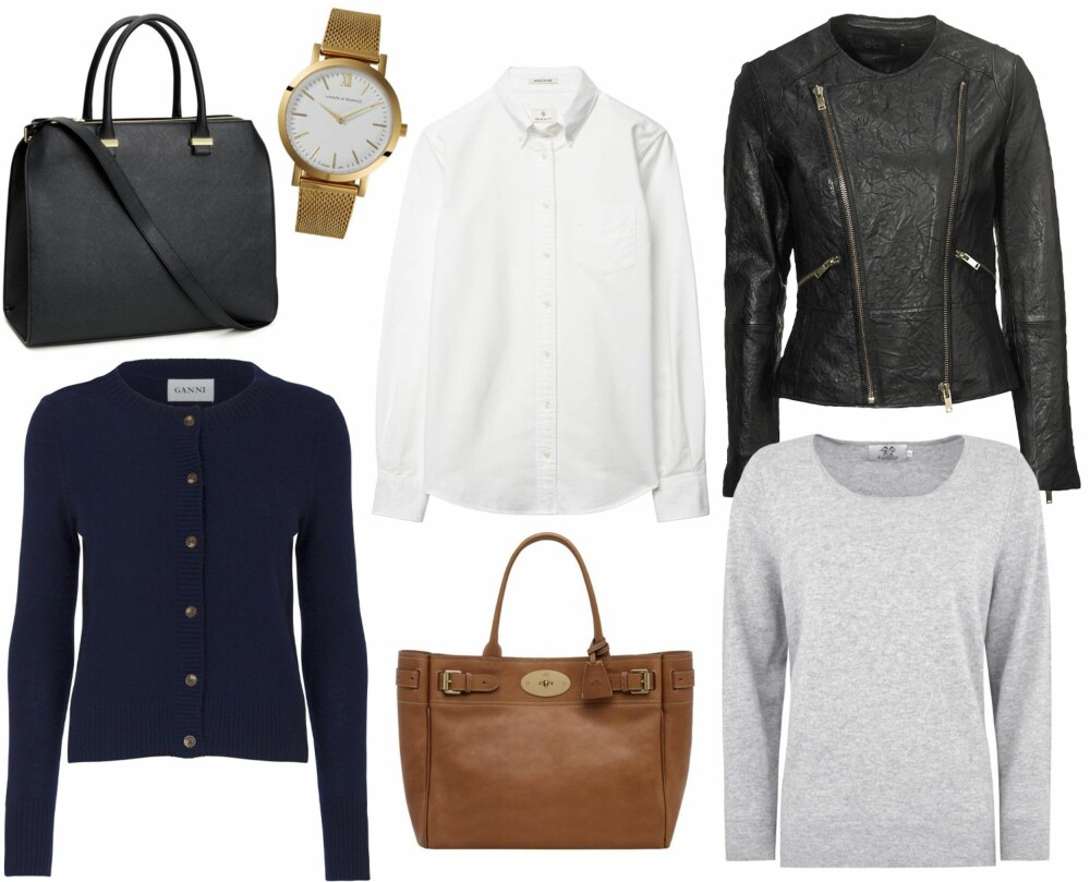OVERDELER OG TILBEHØR (f.v.): H&M veske, kr 399. Larsson & Jennings Liten Gold Watch, kr 2650. Gant Diamond G Perfect Oxford Regular-fit skjorte, kr 900. Ellos Collection Bikerjakke i skinn, kr 1799. Ganni Mercer Knit Cardigan i merinoullblanding, kr 1199. Mulberry Bayswater Tote Oak Natural Leather with brass, kr 11 760. Kashmina roundneck - grå, kr 2199. OVERDELER OG TILBEHØR (f.v.): H&M veske, kr 399. Larsson & Jennings Liten Gold Watch, kr 2650. Gant Diamond G Perfect Oxford Regular-fit skjorte, kr 900. Ellos Collection Bikerjakke i skinn, kr 1799. Ganni Mercer Knit Cardigan i merinoullblanding, kr 1199. Mulberry Bayswater Tote Oak Natural Leather with brass, kr 11 760. Kashmina roundneck - grå, kr 2199.