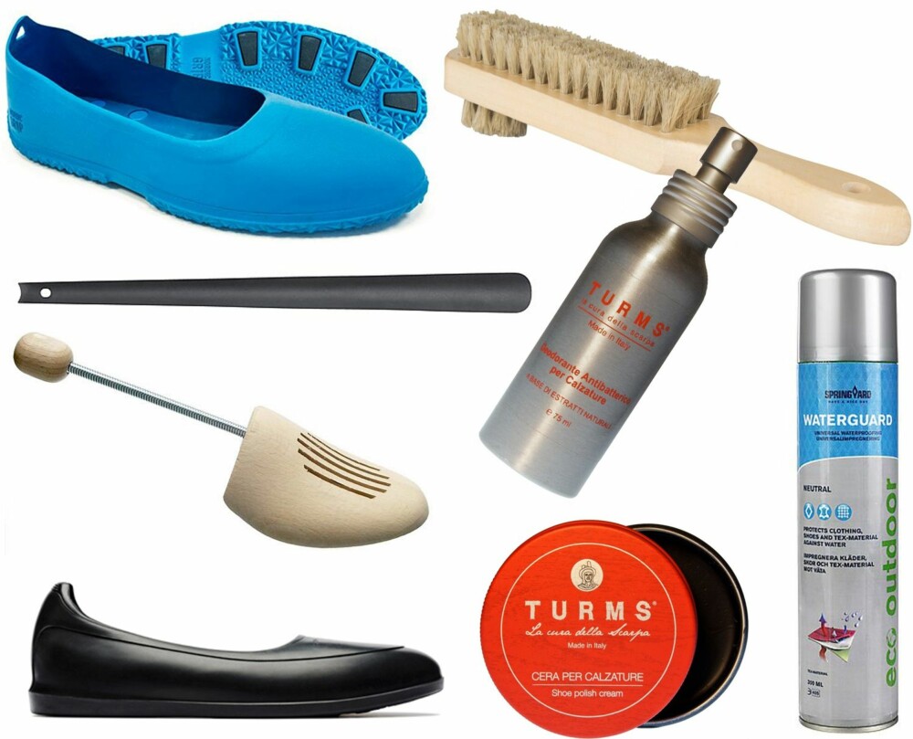 SKOPLEIE-PRODUKTER (f.v.): Enklere Liv Nordic Grip Kalosjer med brodder og ice-lock, kr 349. XXL Shoe Brush, kr 29. Clas Ohlson skohorn, kr 59,90. Turms deodorant til sko/Dapper.no, kr 169. Brunngård skoblokk/Ellos.no, kr 99. Swims Classic Overshoe Black, kr 599. Turms skokrem - Sort/Dapper.no, kr 149. Springyard Waterguard impregneringsspray, kr 89,90. SKOPLEIE-PRODUKTER (f.v.): Enklere Liv Nordic Grip Kalosjer med brodder og ice-lock, kr 349. XXL Shoe Brush, kr 29. Clas Ohlson skohorn, kr 59,90. Turms deodorant til sko/Dapper.no, kr 169. Brunngård skoblokk/Ellos.no, kr 99. Swims Classic Overshoe Black, kr 599. Turms skokrem - Sort/Dapper.no, kr 149. Springyard Waterguard impregneringsspray, kr 89,90.