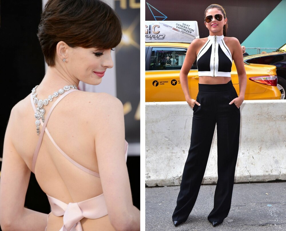 BAK FREM: Du kan også eksperimentere med å bruke smykker og plagg bak frem. Her har Anne Hathaway brukt latt smykke sitt skinne på ryggen, mens Selena Gomez har brukt en crop top fra Balmain bak frem. BAK FREM: Du kan også eksperimentere med å bruke smykker og plagg bak frem. Her har Anne Hathaway brukt latt smykke sitt skinne på ryggen, mens Selena Gomez har brukt en crop top fra Balmain bak frem.