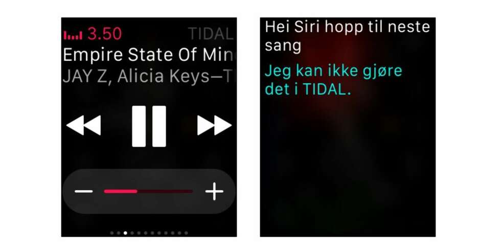 Klokka kan kontrollere musikken du spiller av på telefonen, uansett musikk-app. Samtidig er ikke Siri smart nok til å styre musikken i andre apper enn Apples egen musikk-app. Klokka kan kontrollere musikken du spiller av på telefonen, uansett musikk-app. Samtidig er ikke Siri smart nok til å styre musikken i andre apper enn Apples egen musikk-app.
