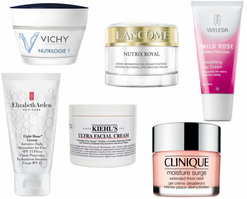 ANSIKTSKREMER (f.v.): Vichy Nutrilogie 1, kr 215. Lancôme Nutrix Royal Cream Dry skin, kr 555. Weleda Wild Rose Day cream, kr 269. Elizabeth Arden Eight Hour Intensive Moisturizer Face, kr 340. Kiehl's Ultra Facial Cream, kr 195. Moisture Surge Extended Thirst Relief, kr 385. ANSIKTSKREMER (f.v.): Vichy Nutrilogie 1, kr 215. Lancôme Nutrix Royal Cream Dry skin, kr 555. Weleda Wild Rose Day cream, kr 269. Elizabeth Arden Eight Hour Intensive Moisturizer Face, kr 340. Kiehl's Ultra Facial Cream, kr 195. Moisture Surge Extended Thirst Relief, kr 385.