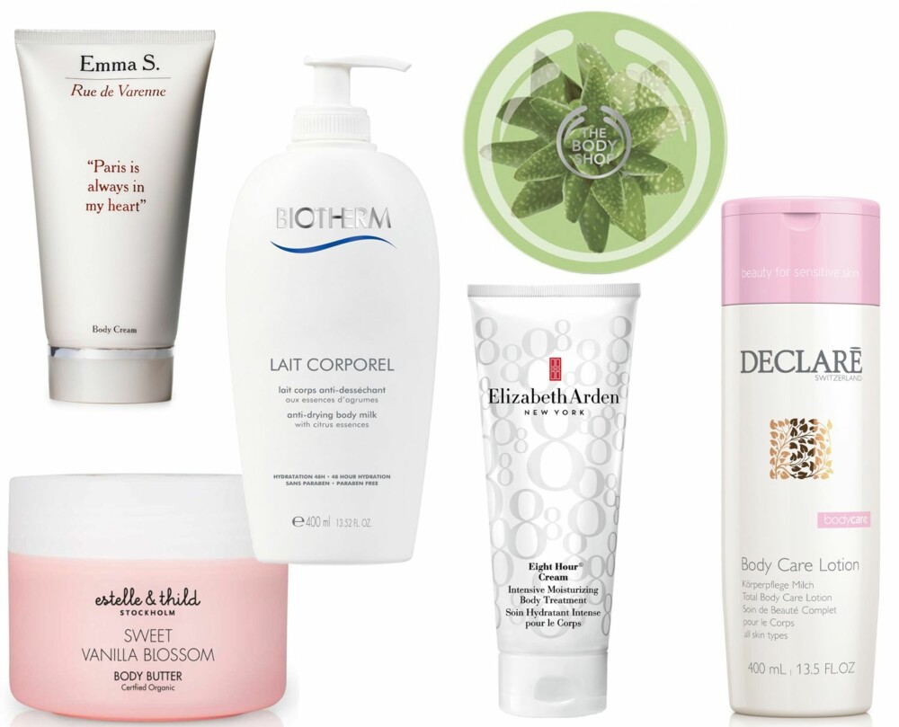 FUKTIGHETSKREM TIL KROPPEN (f.v.): Emma S. Rude de Varenne Body Cream, kr 299. Biotherm Lait Corporel Anti-drying Body Milk 400 ml. Body Shop Aloe Body Butter, kr 189. Sweet Vanilla Blossom Body Butter, kr 189. Elizabeth Arden Eight Hour Intensive Moisturizing Body Treatment, kr 310. Declarè Body Care Lotion, kr 249. FUKTIGHETSKREM TIL KROPPEN (f.v.): Emma S. Rude de Varenne Body Cream, kr 299. Biotherm Lait Corporel Anti-drying Body Milk 400 ml. Body Shop Aloe Body Butter, kr 189. Sweet Vanilla Blossom Body Butter, kr 189. Elizabeth Arden Eight Hour Intensive Moisturizing Body Treatment, kr 310. Declarè Body Care Lotion, kr 249.