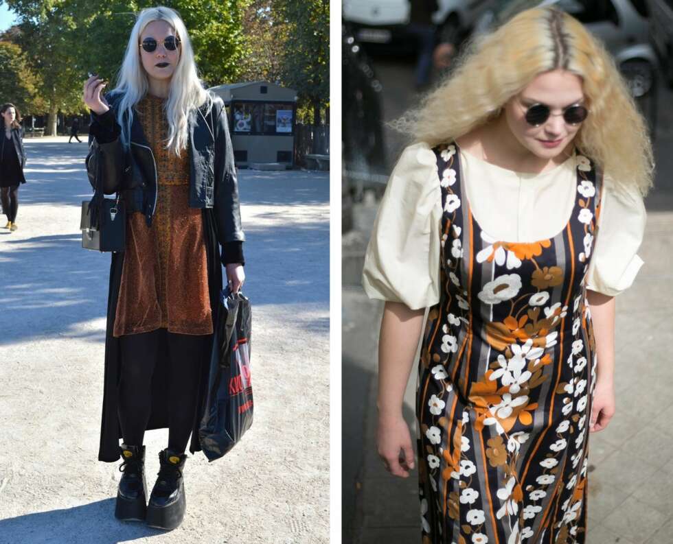 KROGSTAD I VINTAGEKUPP: Bilde til venstre: Vintagesamler Christina Krogstad deltok på Fashion Week i Paris med skinnjakke, 60-tallskjole og vintage sko fra Buffalo. Bilde til høyre: På loppemarkeder kan du gjøre de beste kuppene. Krogstad hevder å ha gitt 1 euro for denne vintageskatten. KROGSTAD I VINTAGEKUPP: Bilde til venstre: Vintagesamler Christina Krogstad deltok på Fashion Week i Paris med skinnjakke, 60-tallskjole og vintage sko fra Buffalo. Bilde til høyre: På loppemarkeder kan du gjøre de beste kuppene. Krogstad hevder å ha gitt 1 euro for denne vintageskatten.