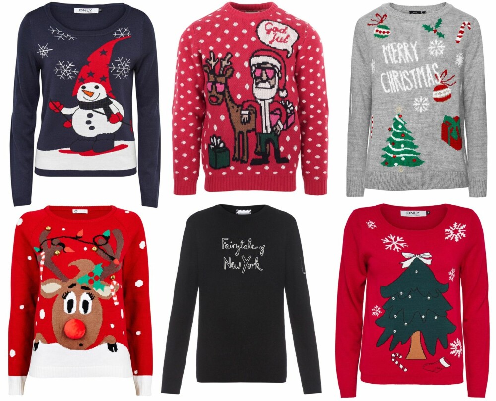 JULEGENSERE TIL DAME (f.v.): Only Christmas Strikket Pullover, kr 259,95. Moods of Norway Julemannen/Poppy Red unisexmodell, kr 900. Kappahl, kr 299. Cubus Funny Christmas Sweater, kr 299. Matches Fashion SAVE THE CHILDREN Bella Freud X Kate Moss Sweater, kr 3980.Only Jul Strikket Pullover, kr 259,95. JULEGENSERE TIL DAME (f.v.): Only Christmas Strikket Pullover, kr 259,95. Moods of Norway Julemannen/Poppy Red unisexmodell, kr 900. Kappahl, kr 299. Cubus Funny Christmas Sweater, kr 299. Matches Fashion SAVE THE CHILDREN Bella Freud X Kate Moss Sweater, kr 3980.Only Jul Strikket Pullover, kr 259,95.