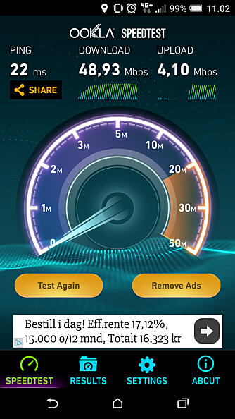 HASTIGHET: Mobilnettet støtter etterhvert svært gode hastigheter, men det er ikke sikkert du får tilgang til dem med ditt abonnement. Her har vi fått nesten 50 Mbps et sted i Oslo, men mange abonnementer struper hastigheten på 10 eller 20 Mbps. HASTIGHET: Mobilnettet støtter etterhvert svært gode hastigheter, men det er ikke sikkert du får tilgang til dem med ditt abonnement. Her har vi fått nesten 50 Mbps et sted i Oslo, men mange abonnementer struper hastigheten på 10 eller 20 Mbps.