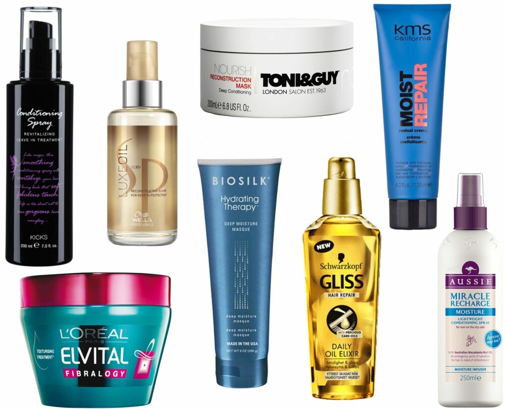TIPS MOT TØRT HÅR (f.v.): Kicks Conditioning Spray, kr 89. SP LuxeOil 100, kr 289. Toni & Guy Reconstruction Treatment hårkur, kr 145. Kms California Moistrepair Revival Creme 125ml, kr 239. L'oréal Elvital Fibrology Mask, kr 75. Biosilk Hydrating Therapy Deep Moisture Masque, kr 229. Schwarzkopf Gliss Ultimate Repair Oil Elixir, kr 79. Aussie Miracle Recharge Moist Conditioning Spray,kr 125. TIPS MOT TØRT HÅR (f.v.): Kicks Conditioning Spray, kr 89. SP LuxeOil 100, kr 289. Toni & Guy Reconstruction Treatment hårkur, kr 145. Kms California Moistrepair Revival Creme 125ml, kr 239. L'oréal Elvital Fibrology Mask, kr 75. Biosilk Hydrating Therapy Deep Moisture Masque, kr 229. Schwarzkopf Gliss Ultimate Repair Oil Elixir, kr 79. Aussie Miracle Recharge Moist Conditioning Spray,kr 125.